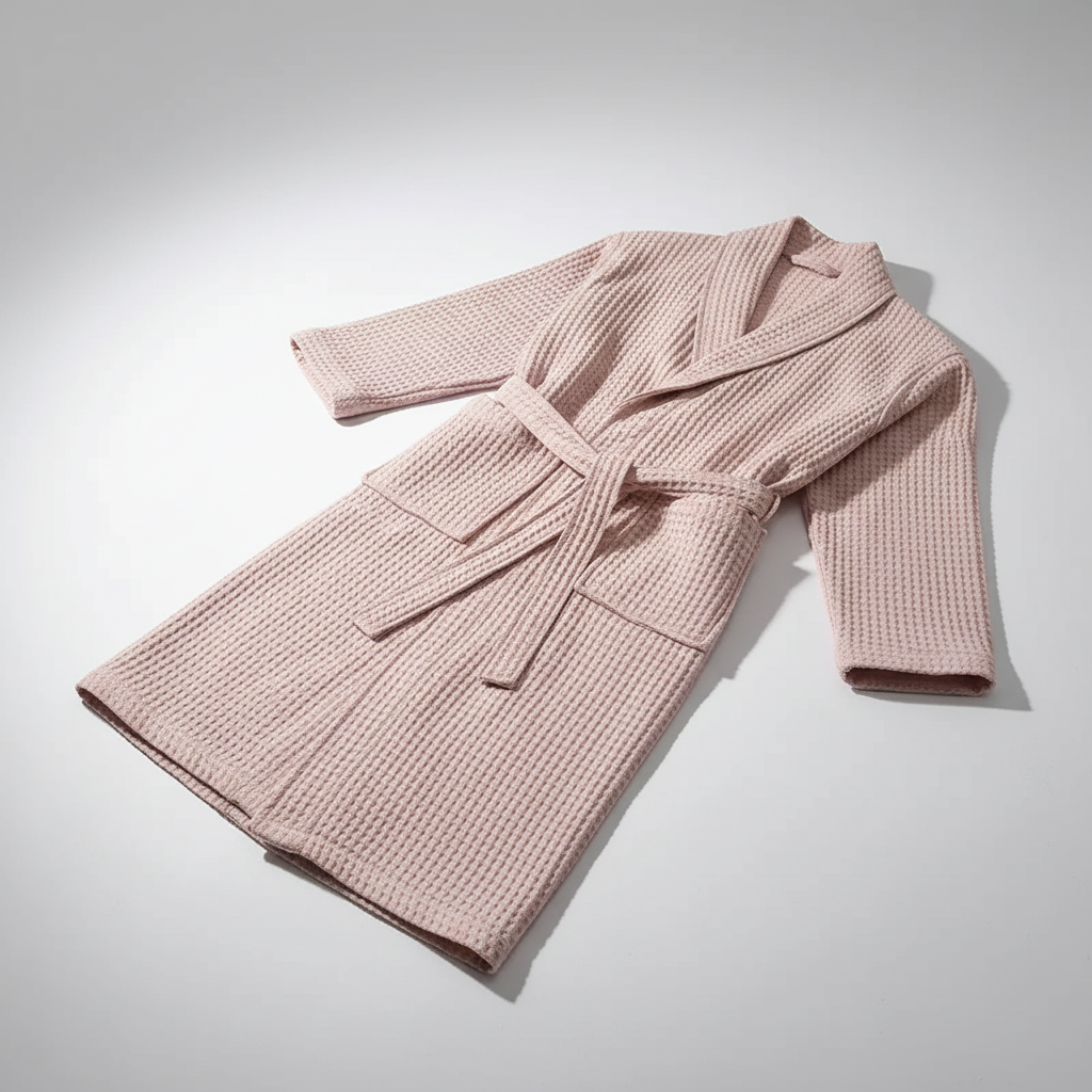 Lightweight waffle weave bathrobe with breathable fabric and calf-length design