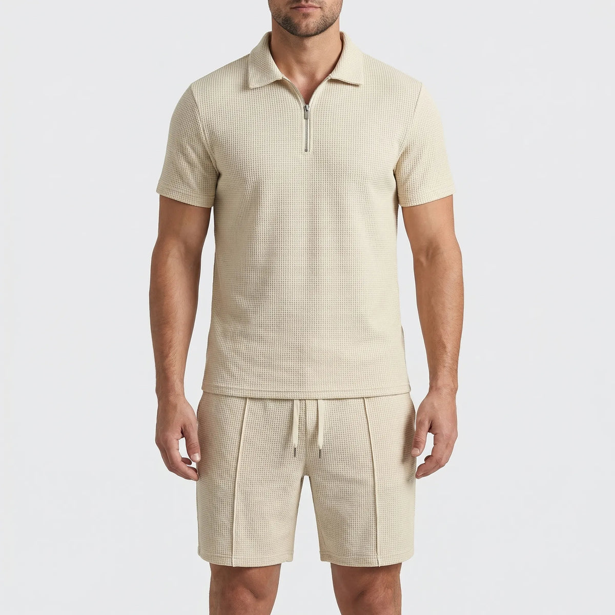 Men's waffle-textured polo and shorts set with half-zip collar