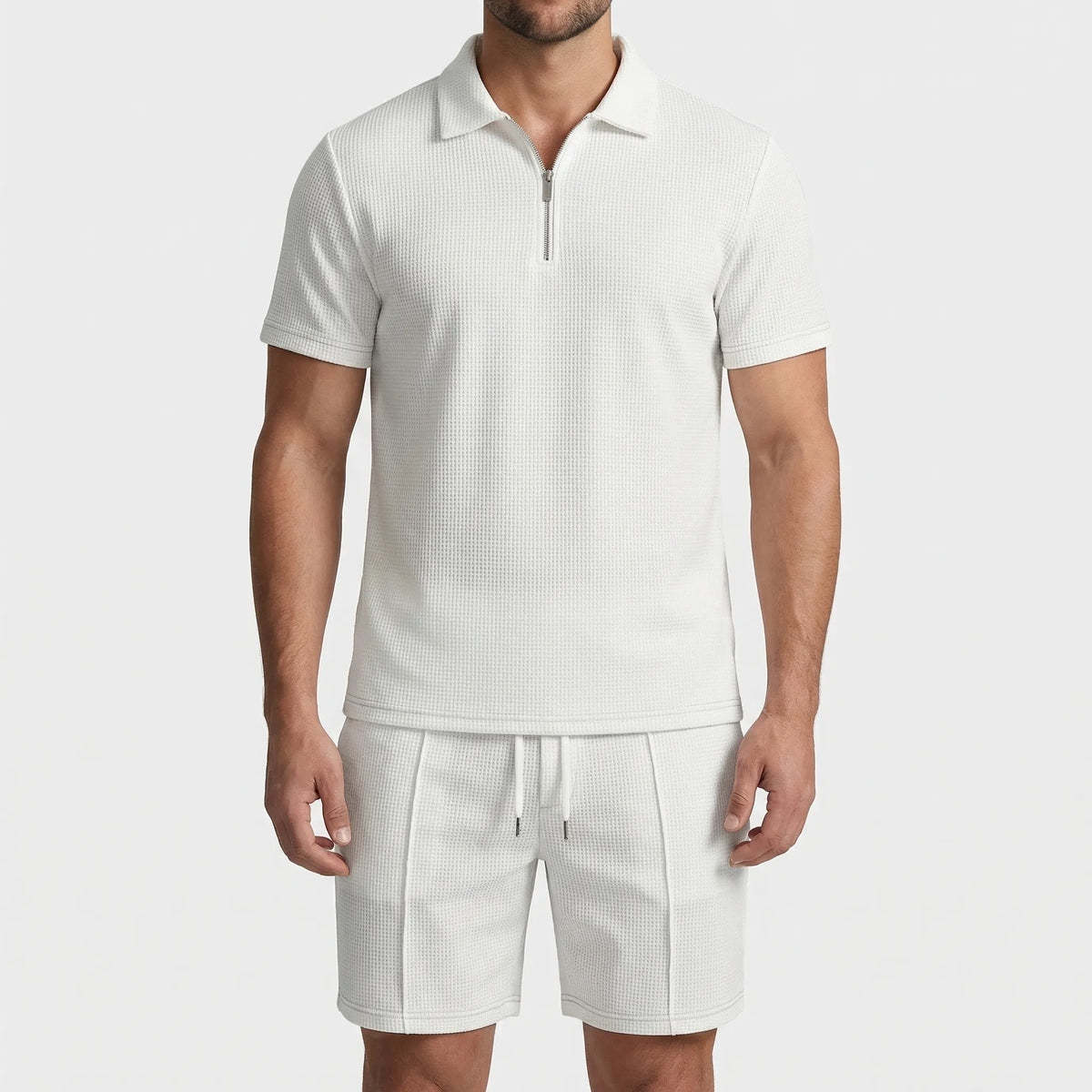 Men's waffle-textured polo and shorts set with half-zip collar