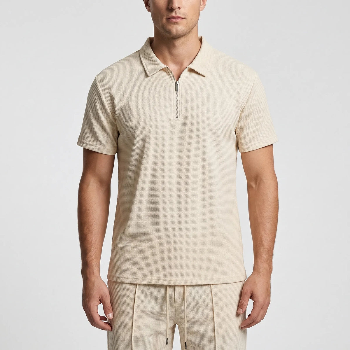 Men's waffle-textured polo and shorts set with half-zip collar