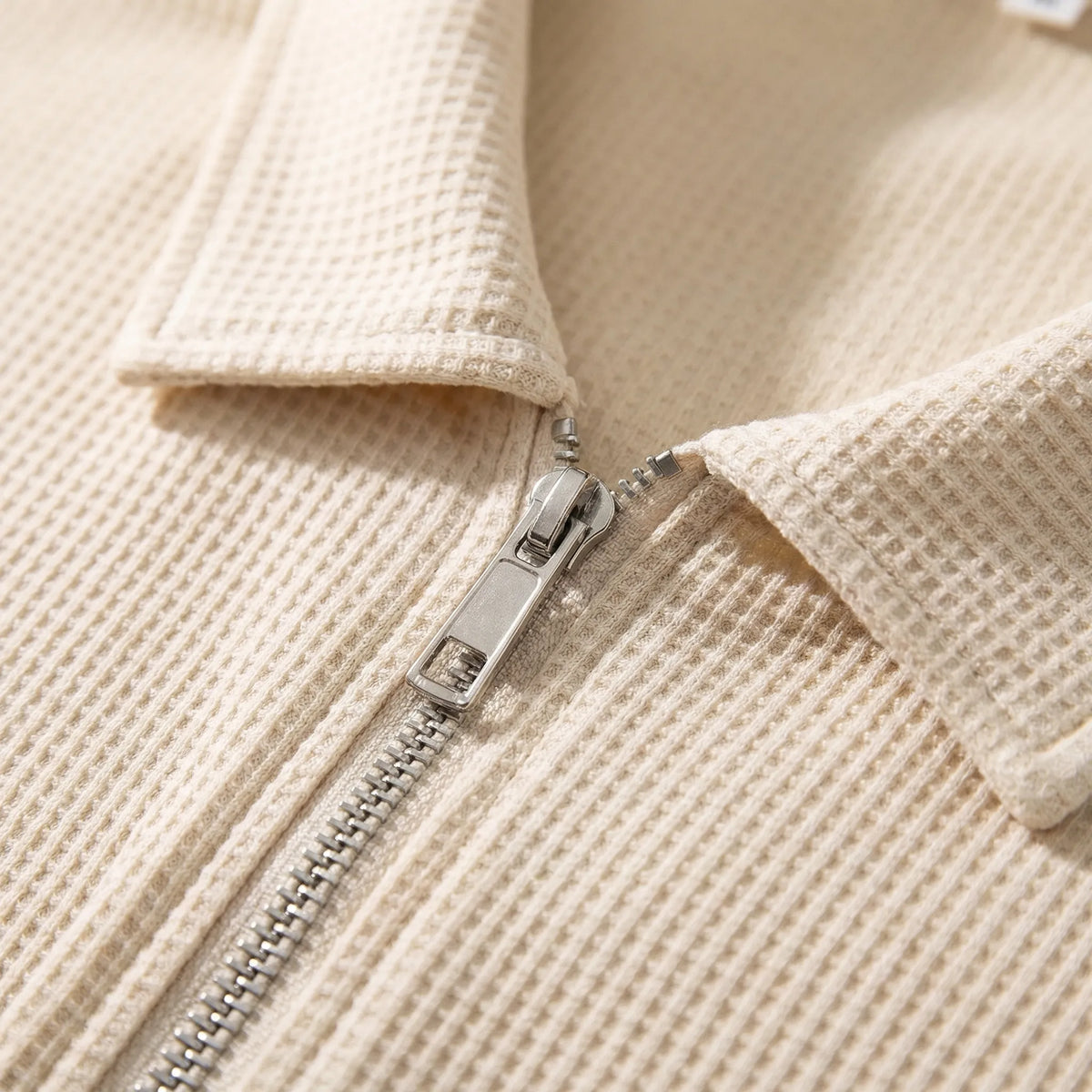 Men's waffle-textured polo and shorts set with half-zip collar