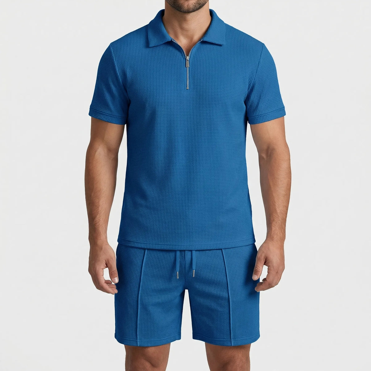 Men's waffle-textured polo and shorts set with half-zip collar