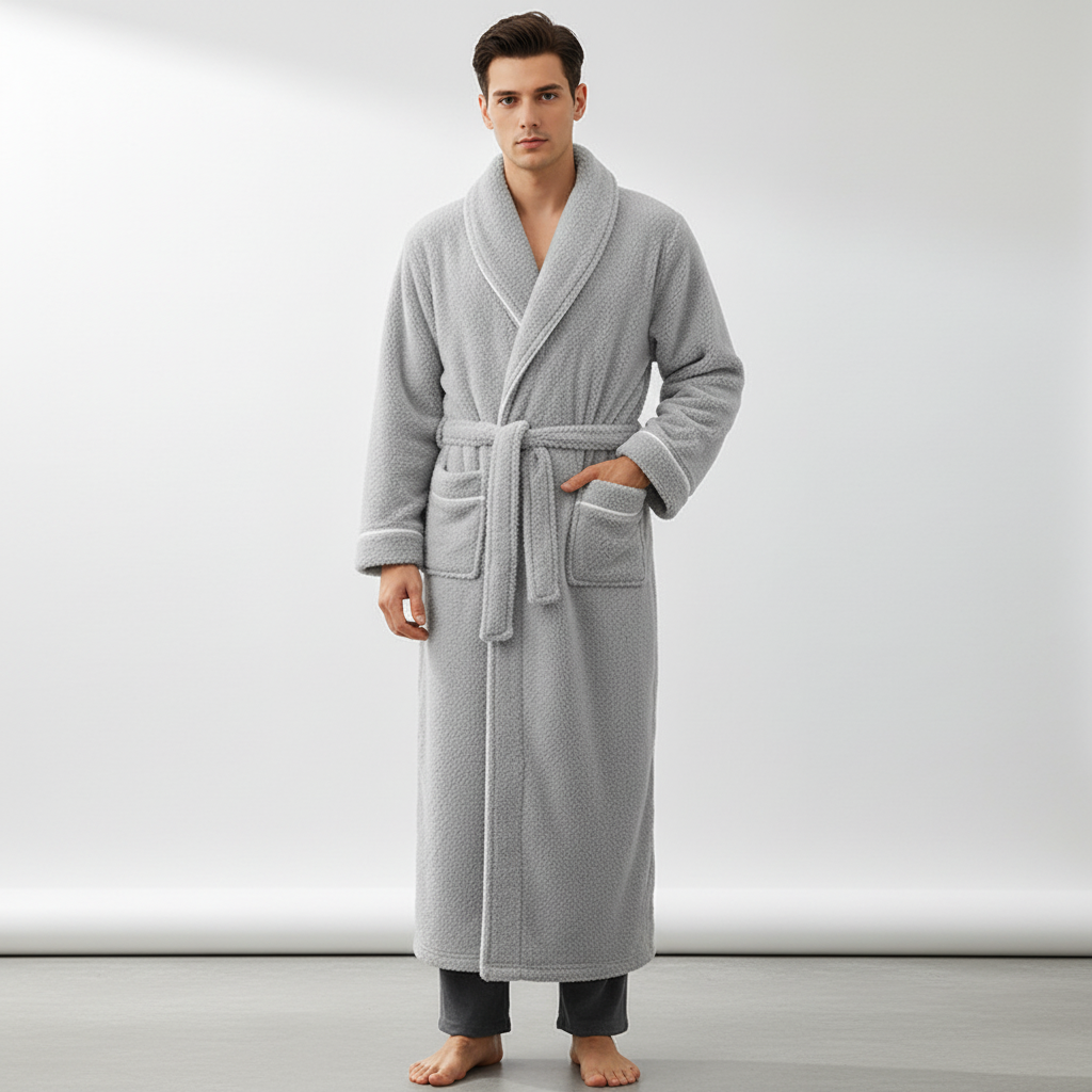 Long winter bathrobe with shawl collar, warm plush fabric and ankle-length coverage