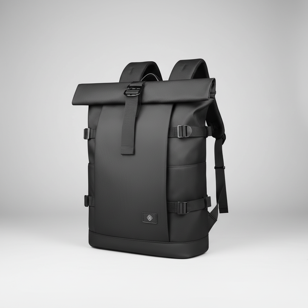 Waterproof roll-top backpack with laptop compartment and theft-protection
