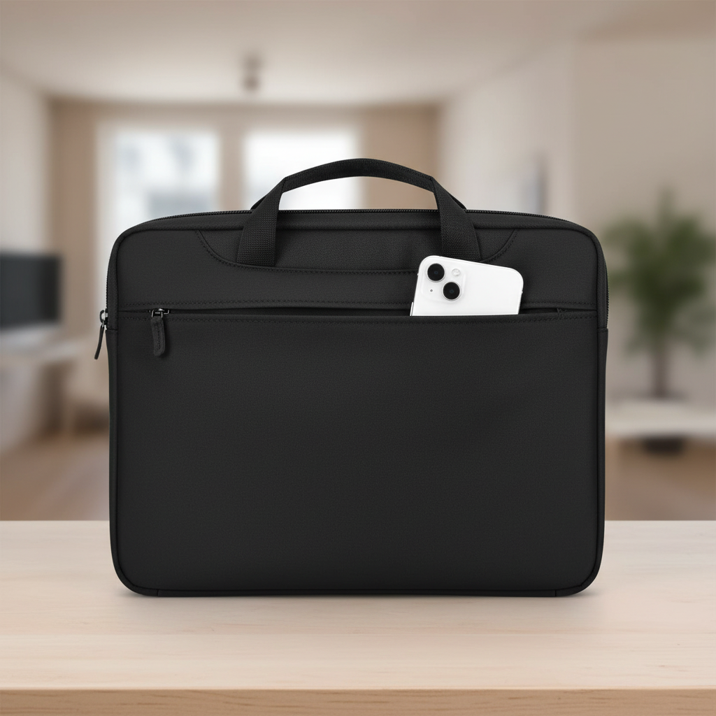 Water-resistant laptop sleeve with shock-absorbing padding and carry handle