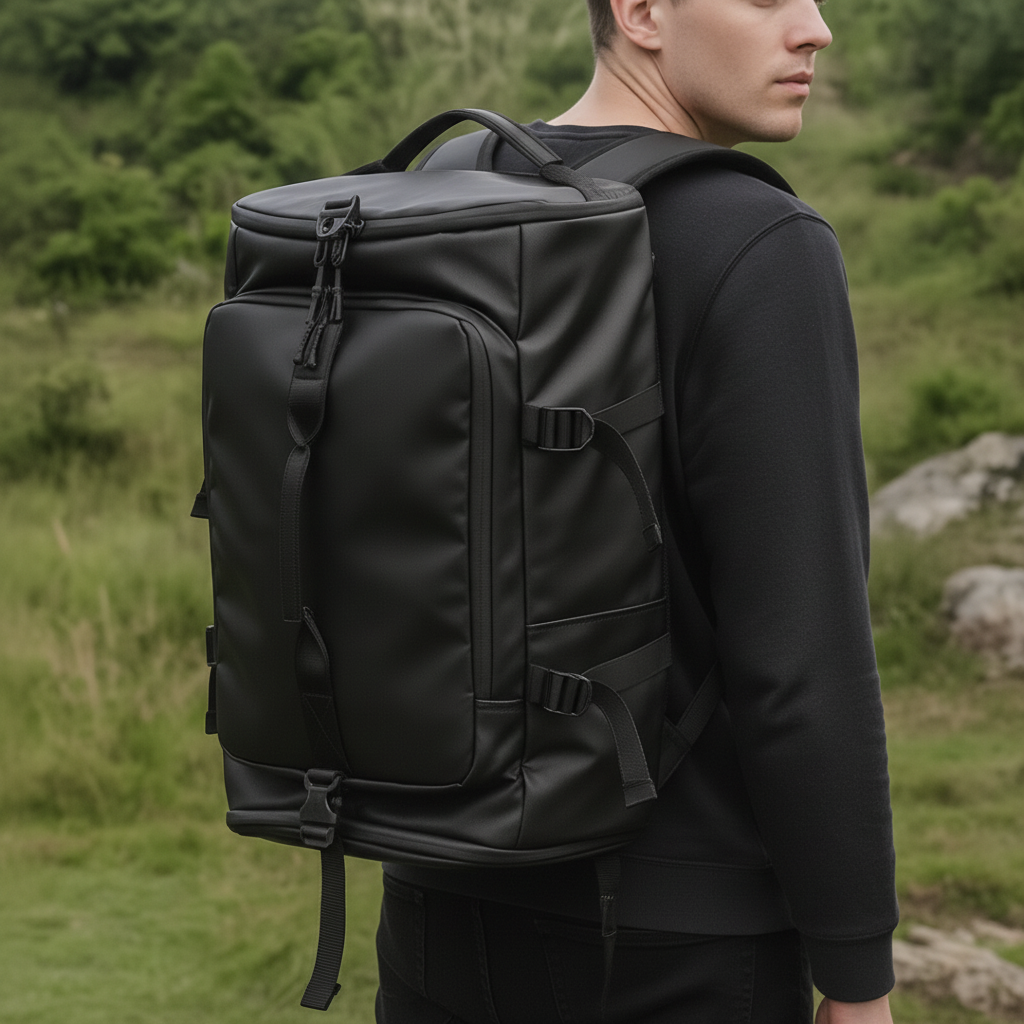 Water-resistant motorcycle backpack with helmet compartment and laptop sleeve