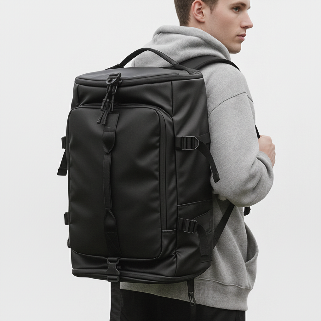 Water-resistant motorcycle backpack with helmet compartment and laptop sleeve