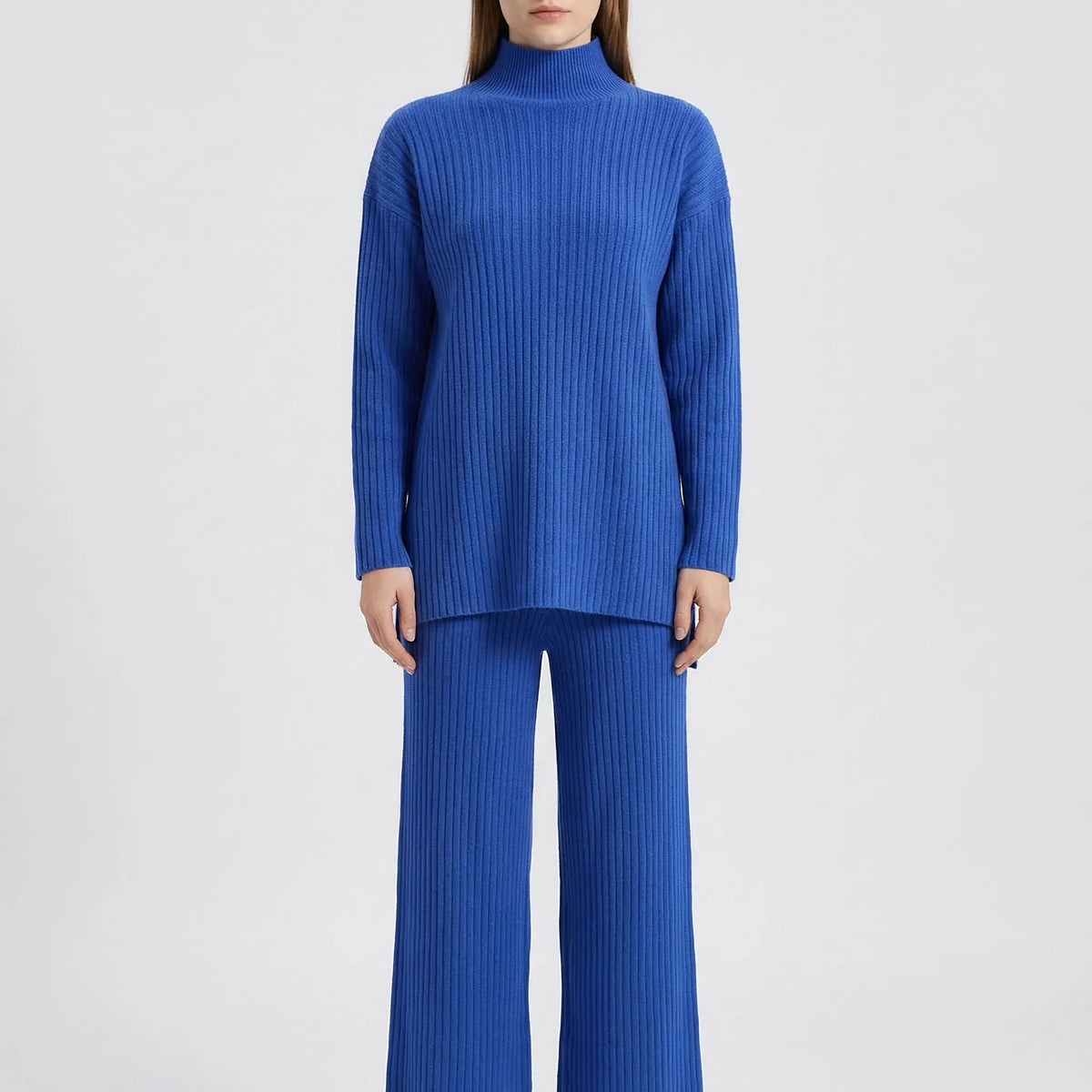 Knitted skivvy and straight-leg track pants set for women