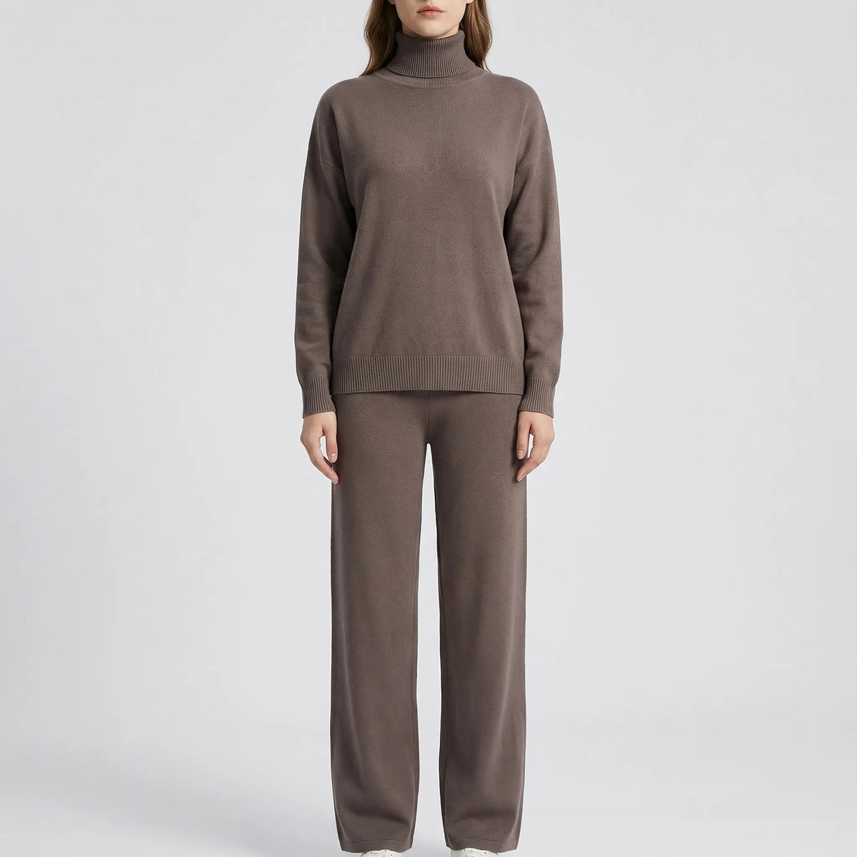 Knitted skivvy and straight-leg track pants set for women