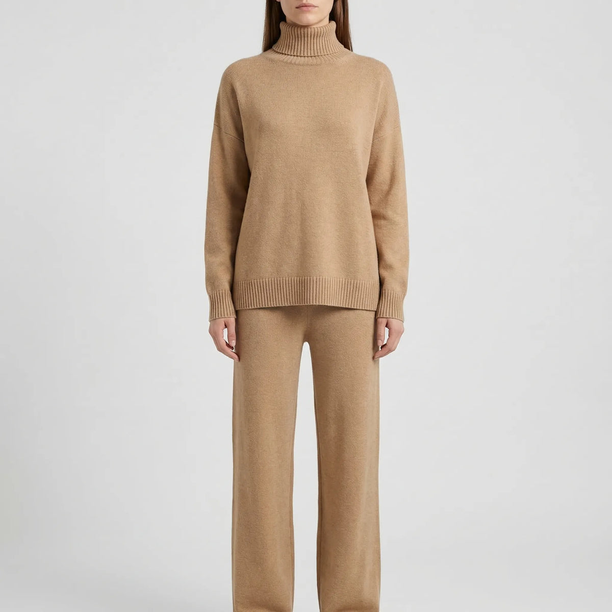 Knitted skivvy and straight-leg track pants set for women
