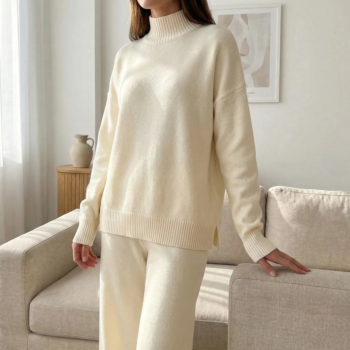 Knitted skivvy and straight-leg track pants set for women