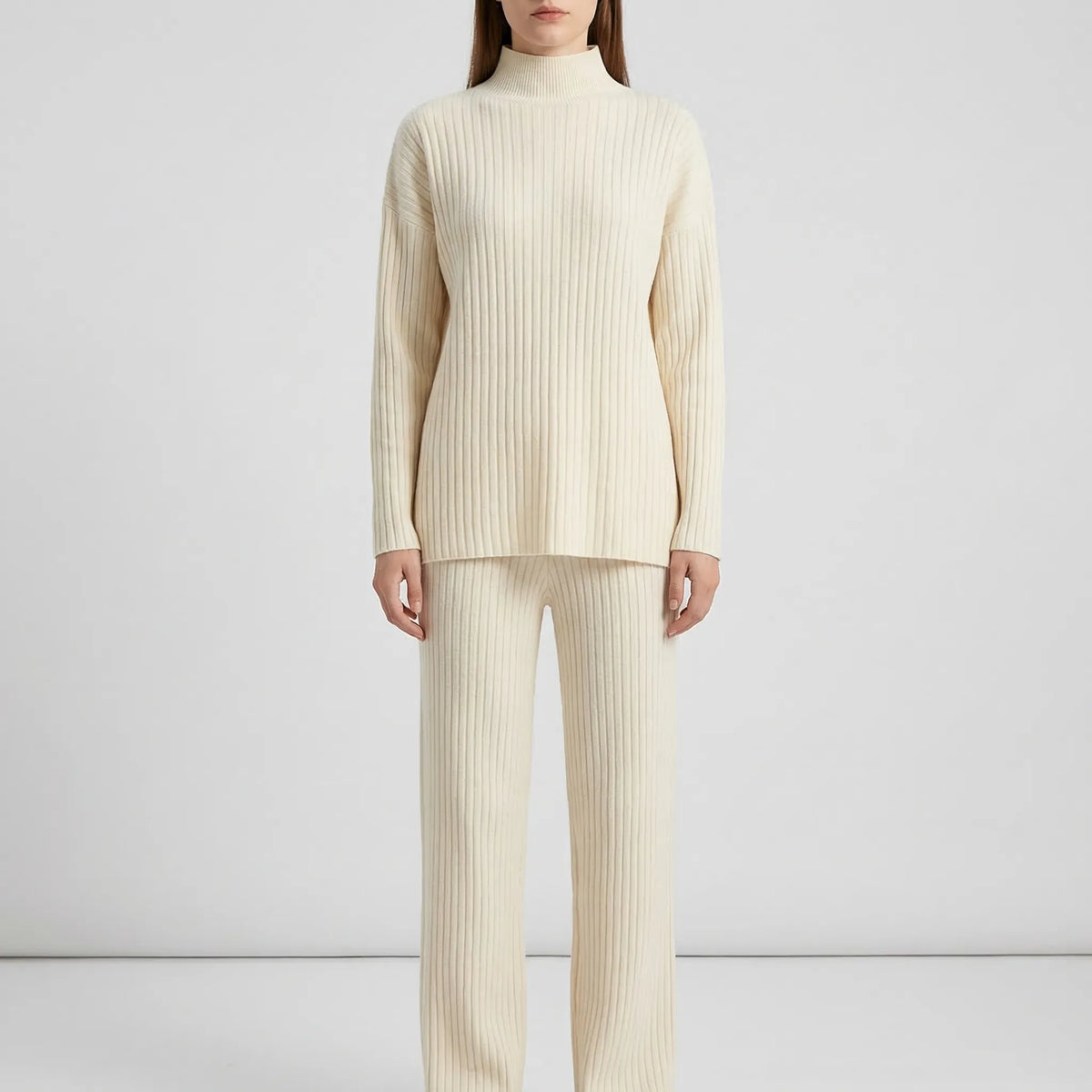 Knitted skivvy and straight-leg track pants set for women