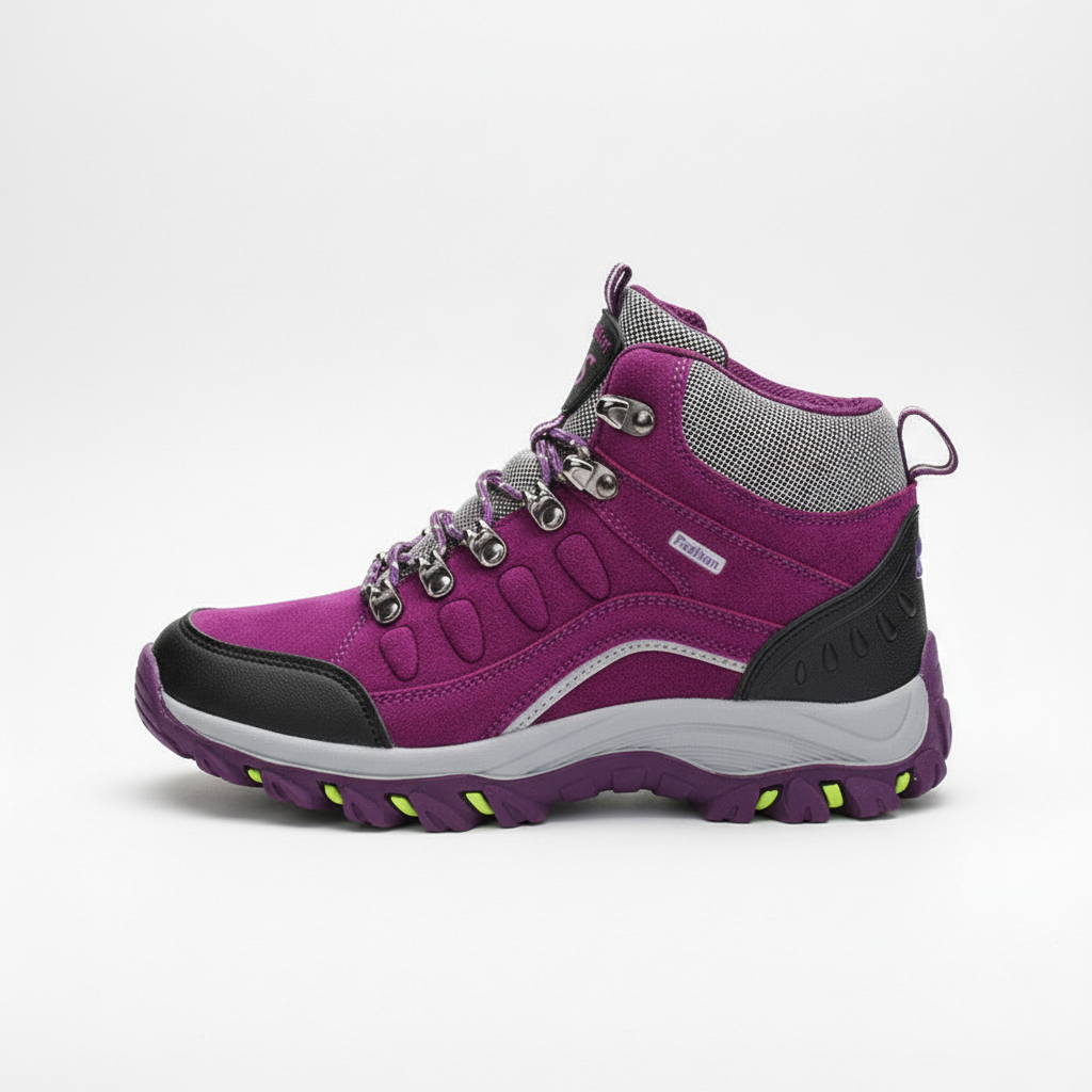 Women's leather hiking boots with ankle support and non-slip traction
