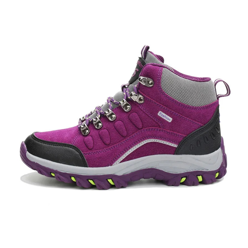 Women's leather hiking boots with ankle support and non-slip traction