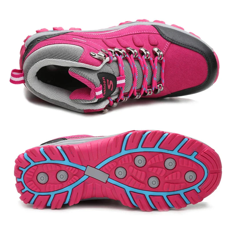 Women's leather hiking boots with ankle support and non-slip traction