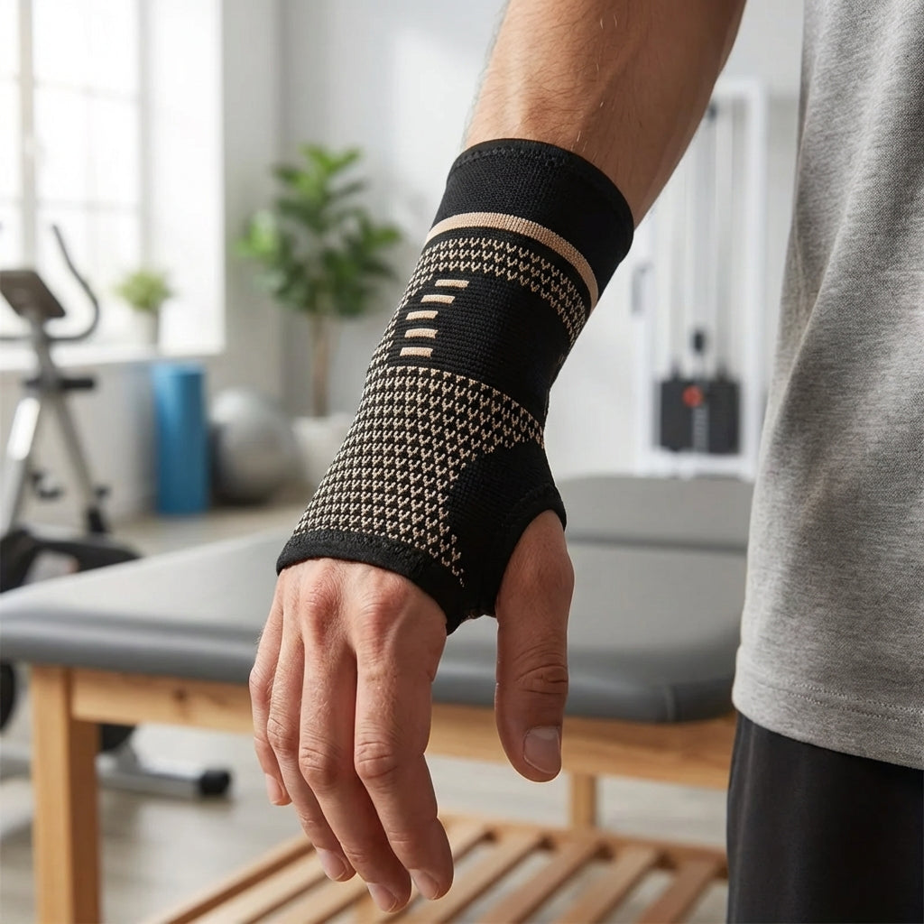 Compression wrist sleeve with targeted thumb support and reinforced band