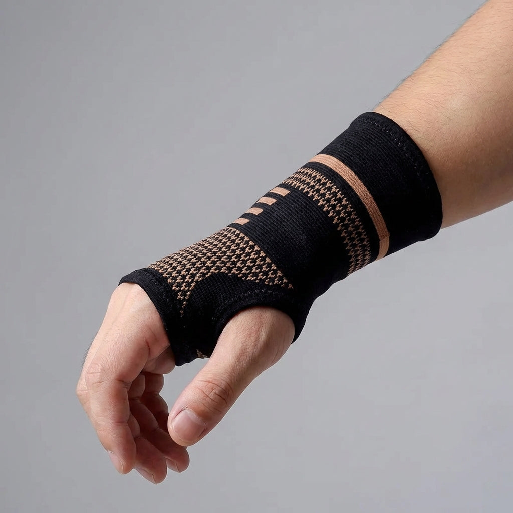 Compression wrist sleeve with targeted thumb support and reinforced band