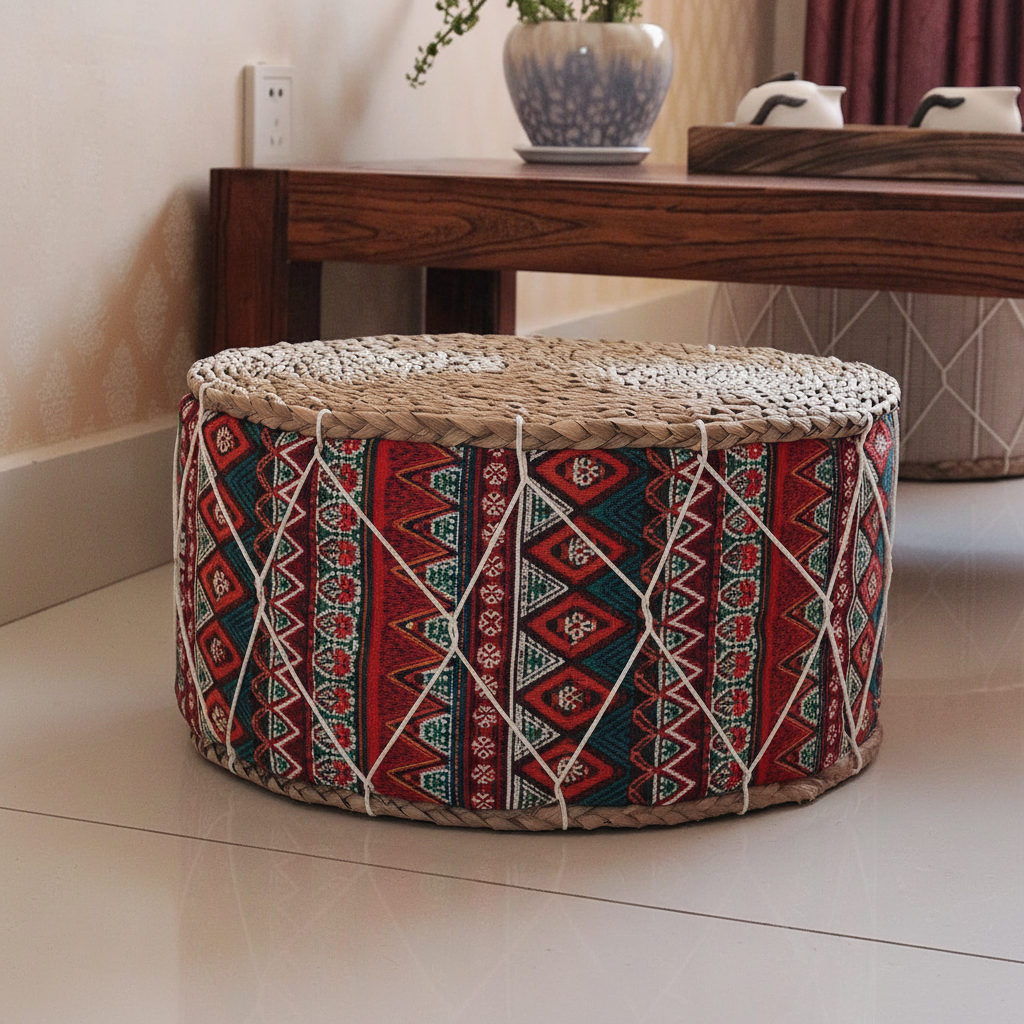 Round woven floor pouf with patterned sides for meditation and relaxation