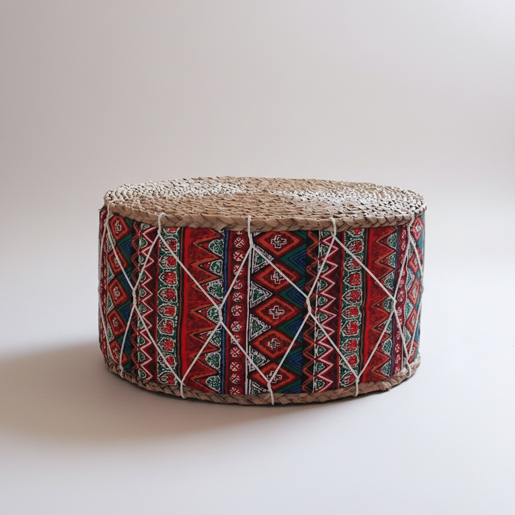 Round woven floor pouf with patterned sides for meditation and relaxation