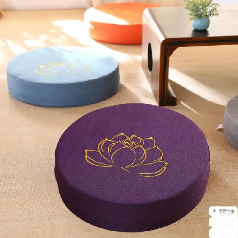 Round firm meditation cushion with non-slip textured cover