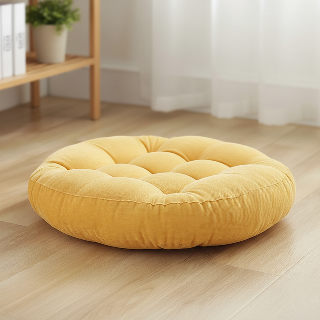 Large round floor cushion with tufted polyester support