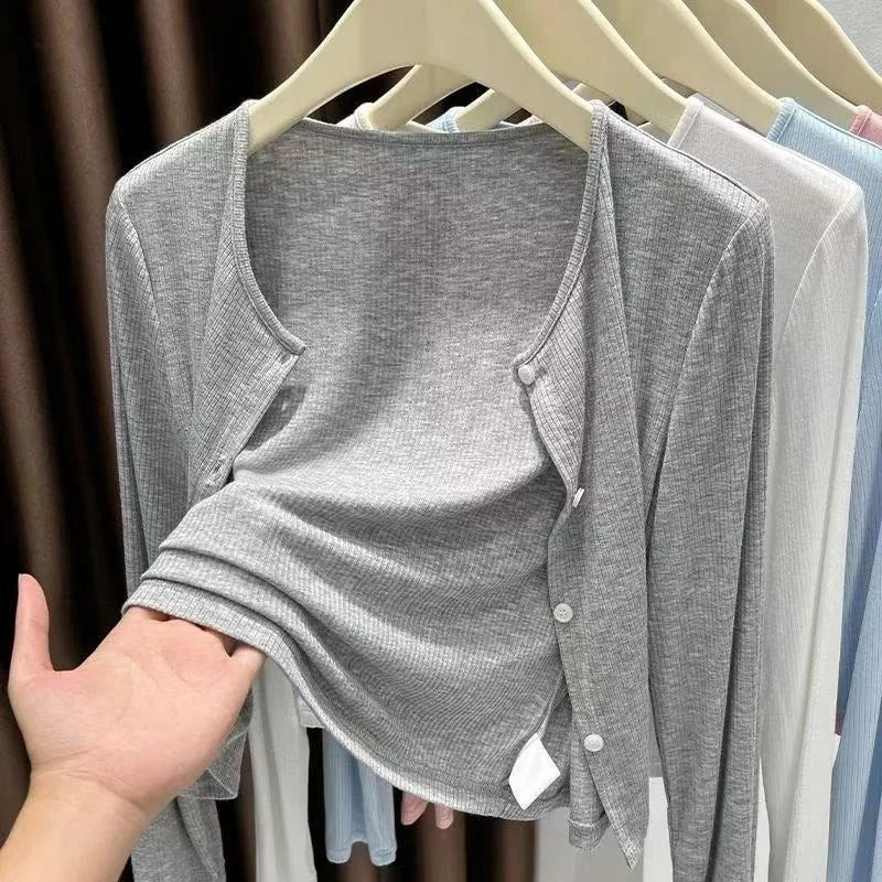 Women's ribbed long-sleeve cardigan lightweight breathable button-front