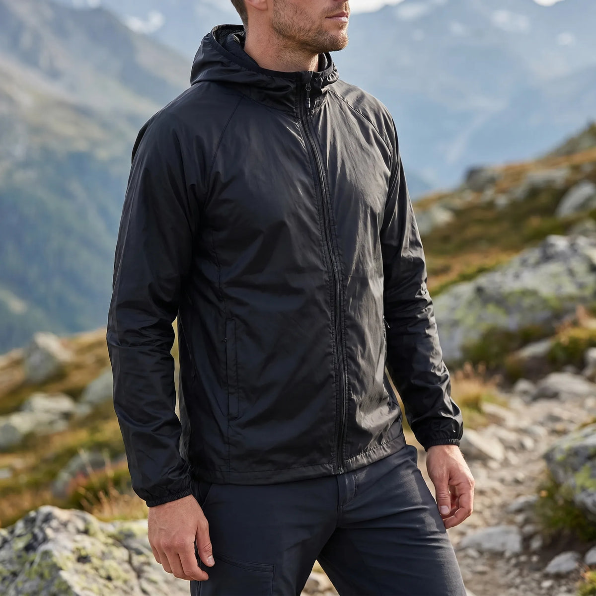 Lightweight packable windbreaker with integrated hood and water-repellent outer