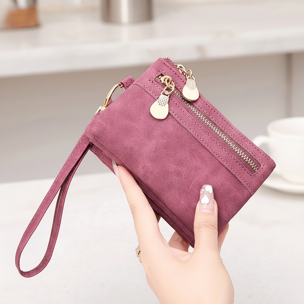 Compact short fold wristlet wallet with zipper coin pocket and card slots