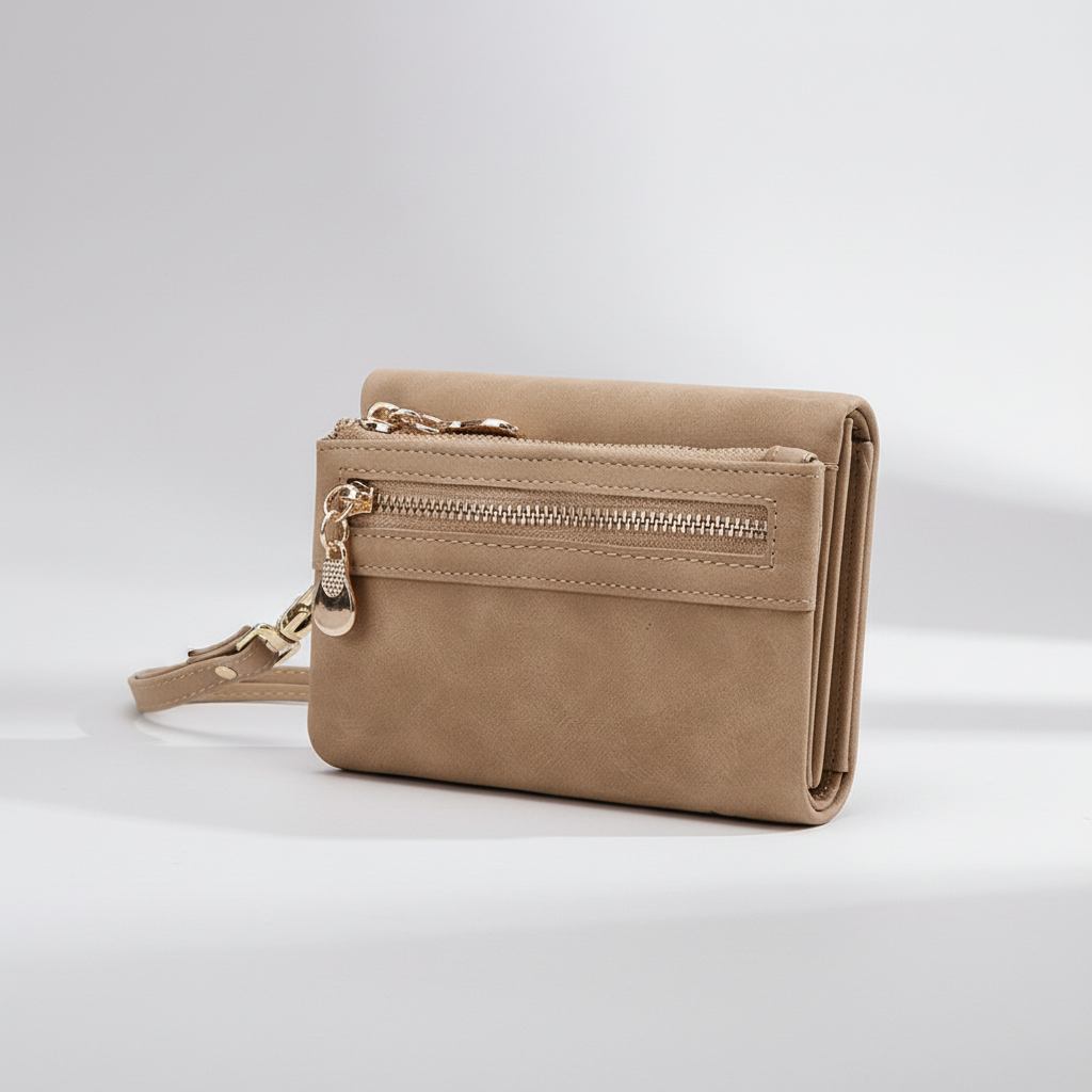 Compact short fold wristlet wallet with zipper coin pocket and card slots
