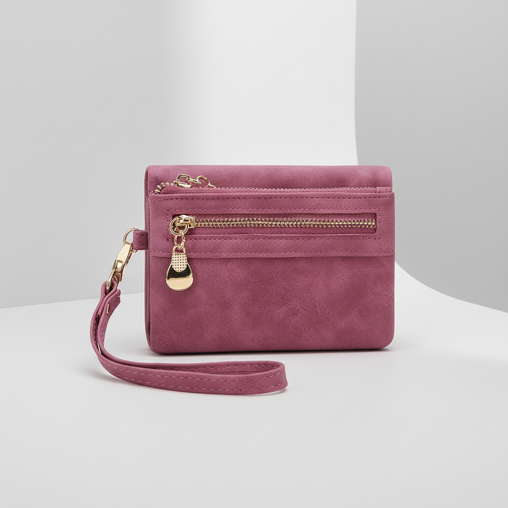 Compact short fold wristlet wallet with zipper coin pocket and card slots