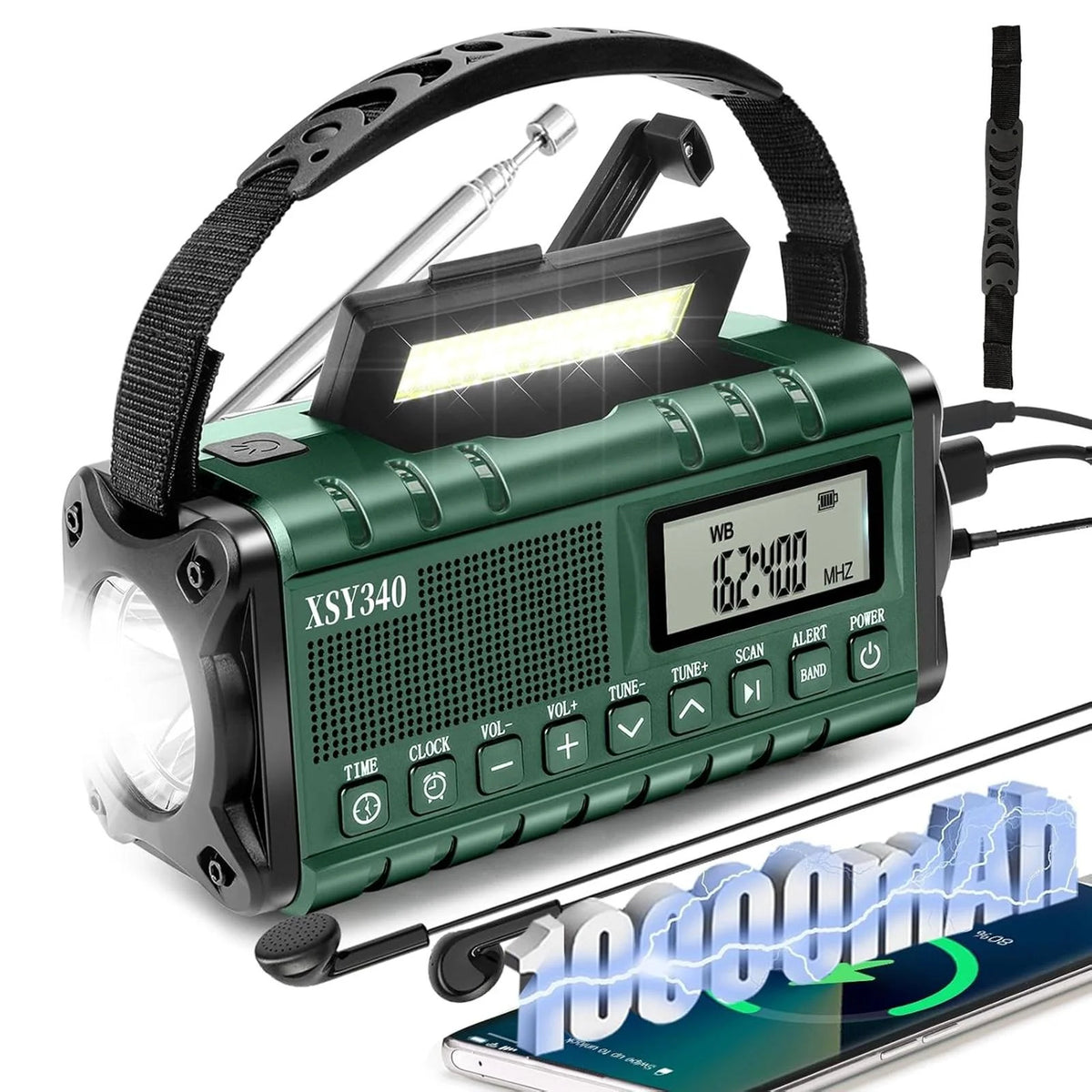 Emergency Radio - Hand Crank & Solar Powered - 10,000mAh Power Bank with LCD Clock