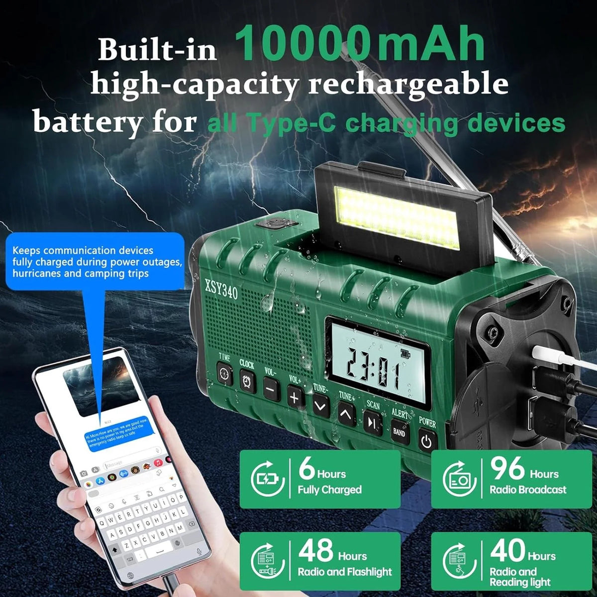 Emergency Radio - Hand Crank & Solar Powered - 10,000mAh Power Bank with LCD Clock