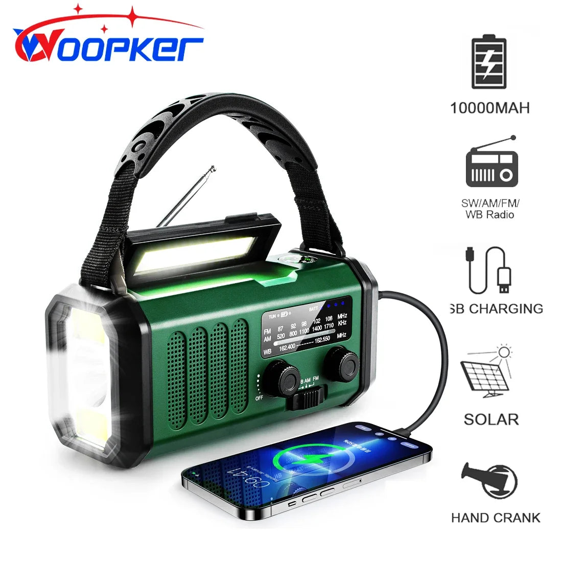 Emergency Weather Radio - Solar & Hand Crank Generator - 10,000mAh Power Bank
