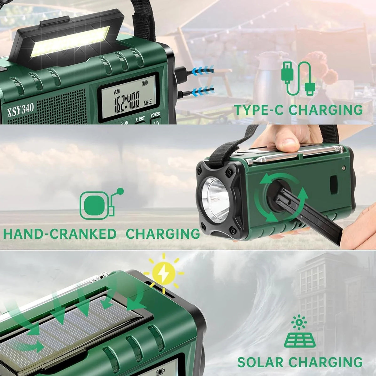 Emergency Radio - Hand Crank & Solar Powered - 10,000mAh Power Bank with LCD Clock