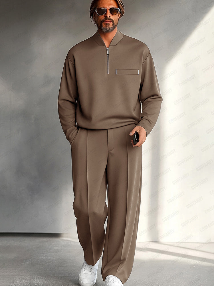 Men's Half-Zip Two-Piece Set – Relaxed Long-Sleeve Top and Wide-Leg Trousers for Smart Casual Wear