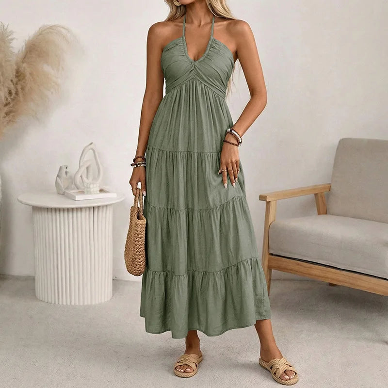 Halter Neck Dress with Wide Layered Skirt