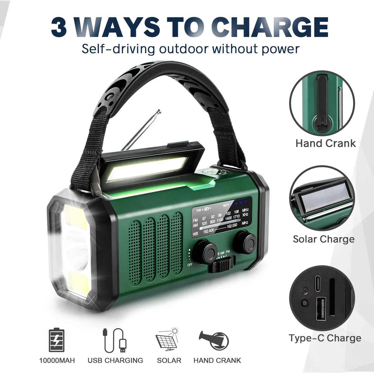 Emergency Weather Radio - Solar & Hand Crank Generator - 10,000mAh Power Bank