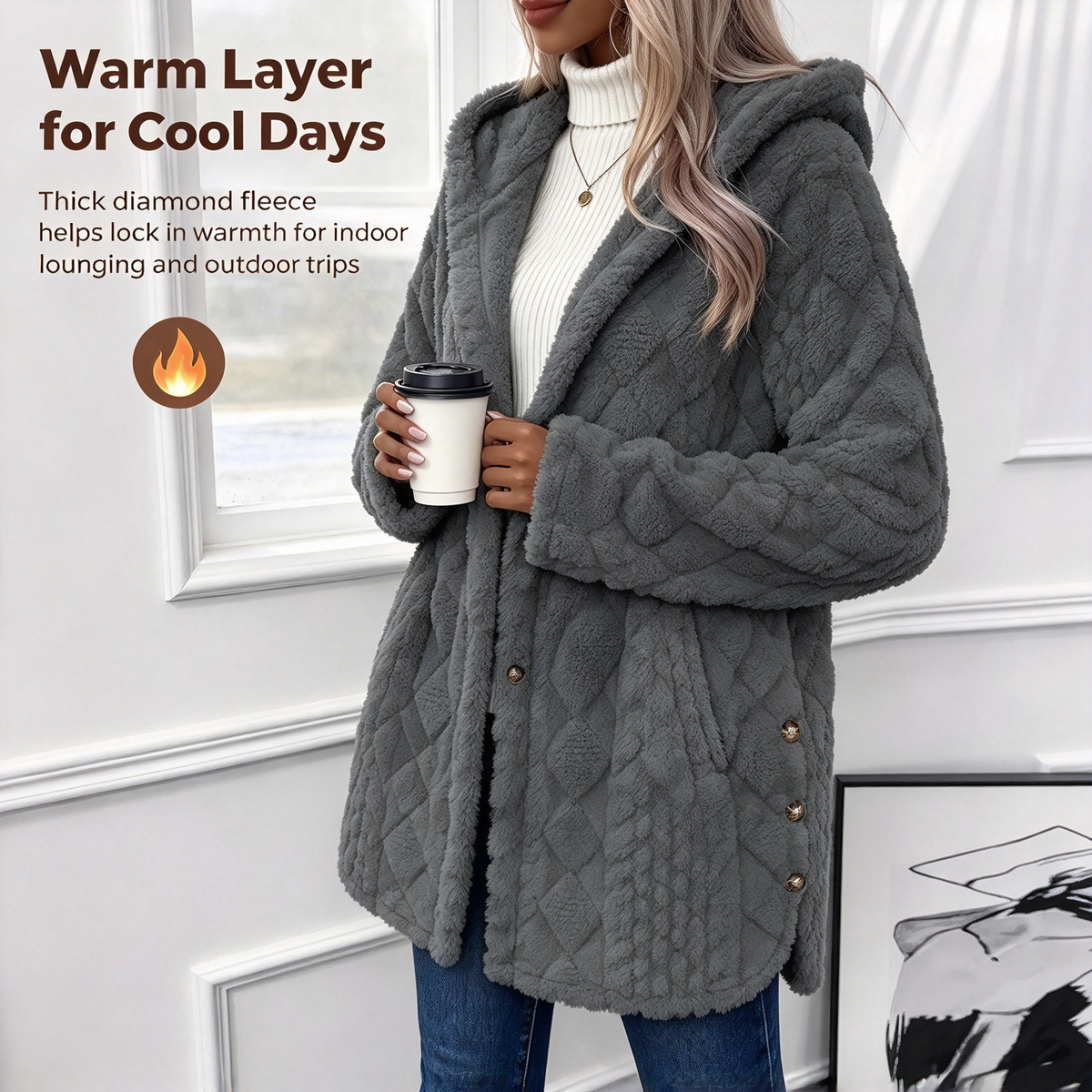 Women's Hooded Double-Sided Fleece Cardigan Long Sleeve Casual Warm Outerwear