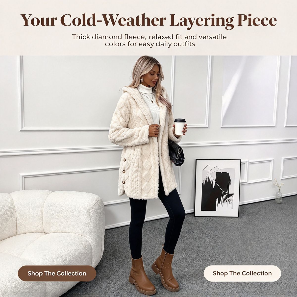 Women's Hooded Double-Sided Fleece Cardigan Long Sleeve Casual Warm Outerwear