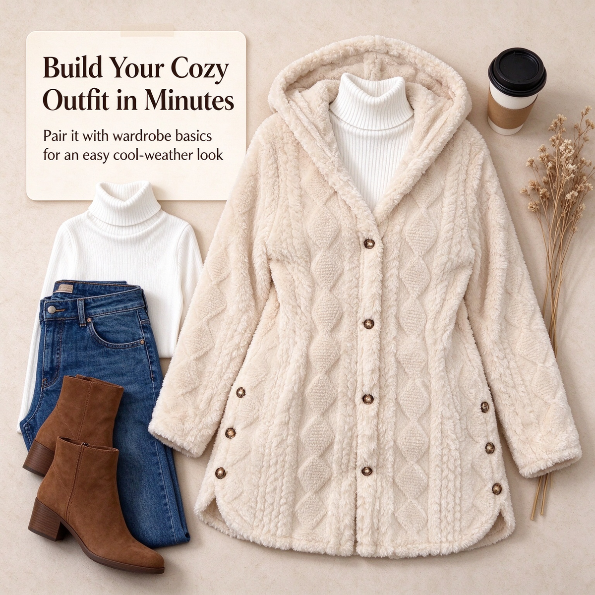 Women's Hooded Double-Sided Fleece Cardigan Long Sleeve Casual Warm Outerwear