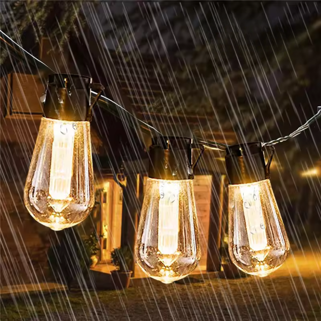 Solar LED string lights with vintage Edison bulbs for outdoor use