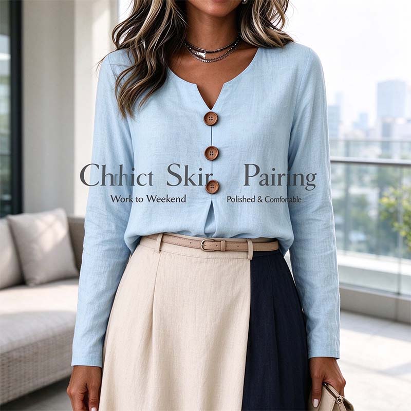 Vintage Large Button Long Sleeve Top, Women's Fashion Basic Blouse