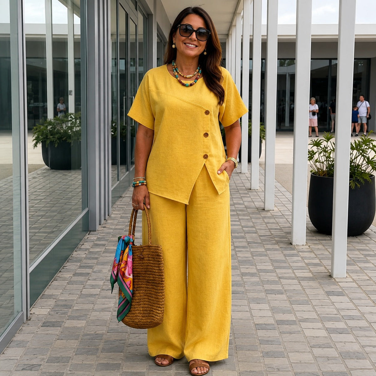 Cotton Linen Set with Asymmetric Blouse and Flowing Wide-Leg Pants