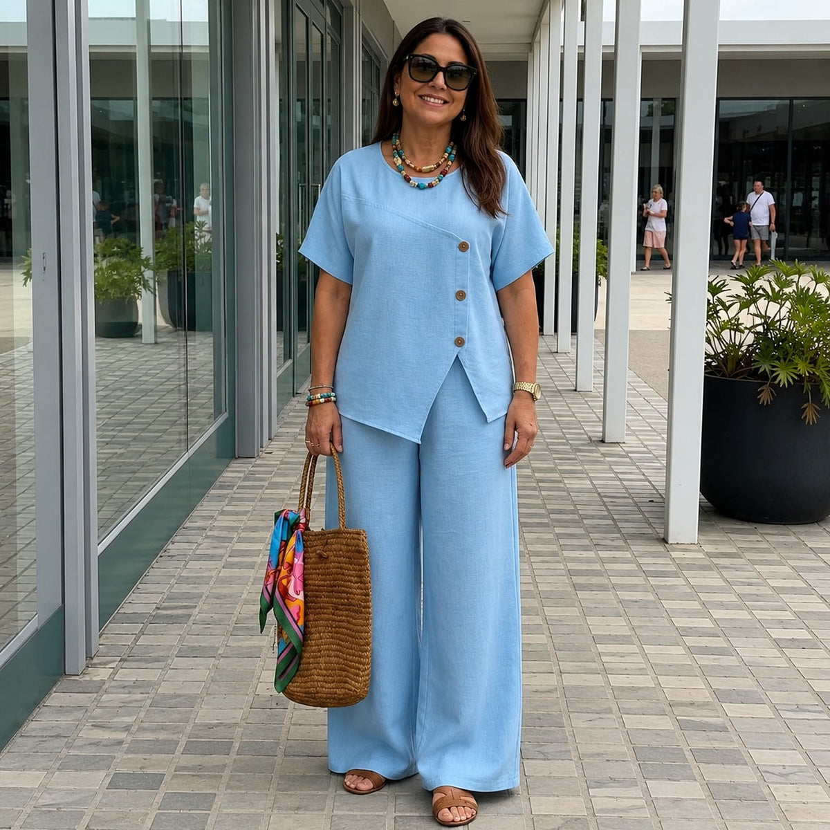 Cotton Linen Set with Asymmetric Blouse and Flowing Wide-Leg Pants