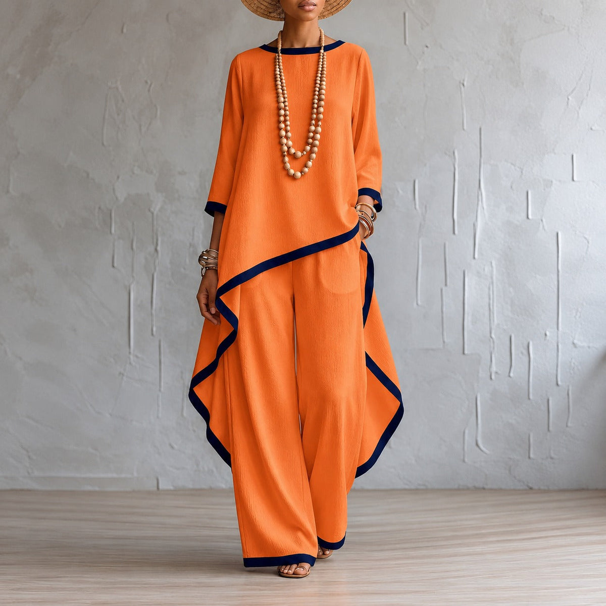 Set with Asymmetric Hem Top, Wide-Leg Trousers and Contrasting Details