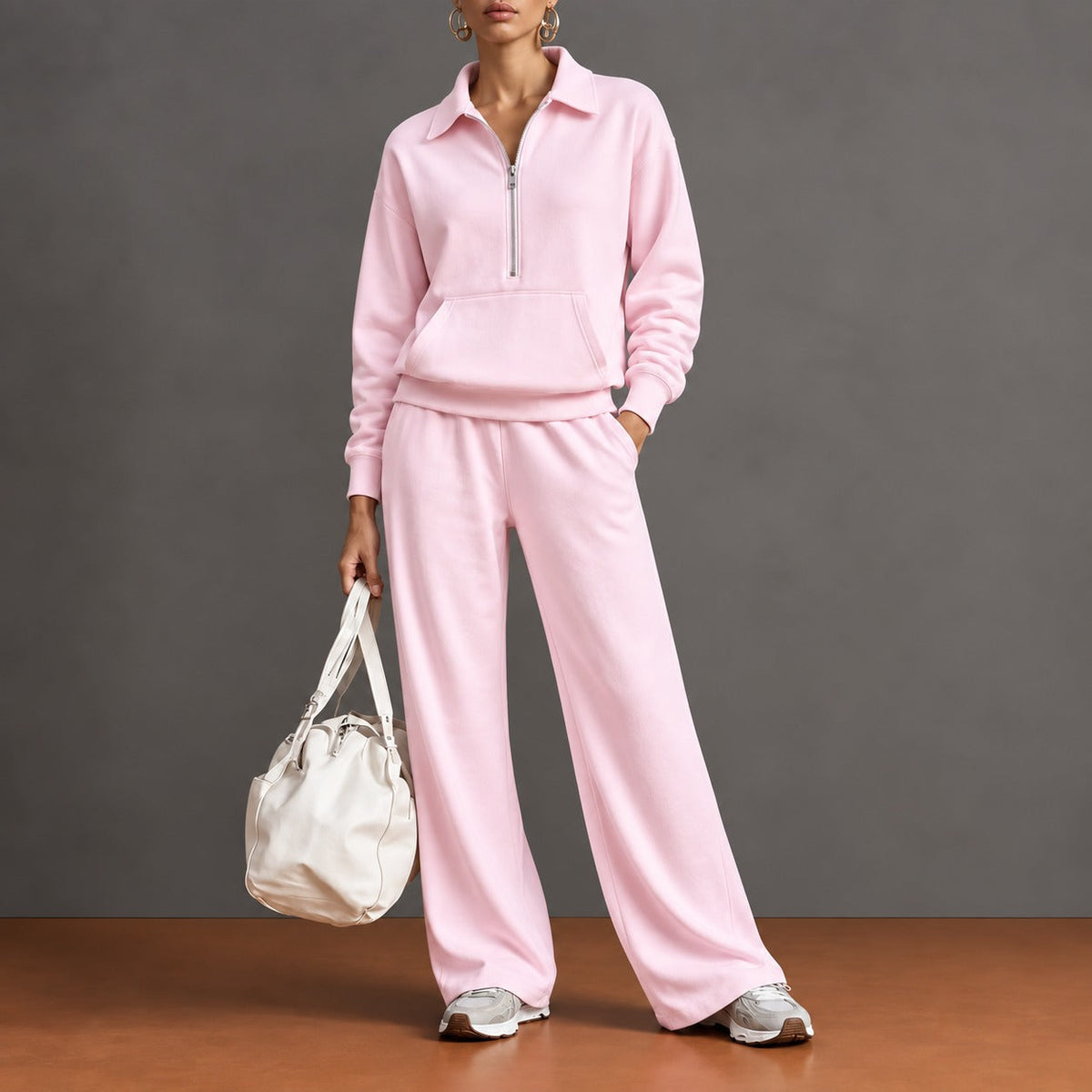Set with Half-Zip Top, Kangaroo Pocket and Wide-Leg Pants