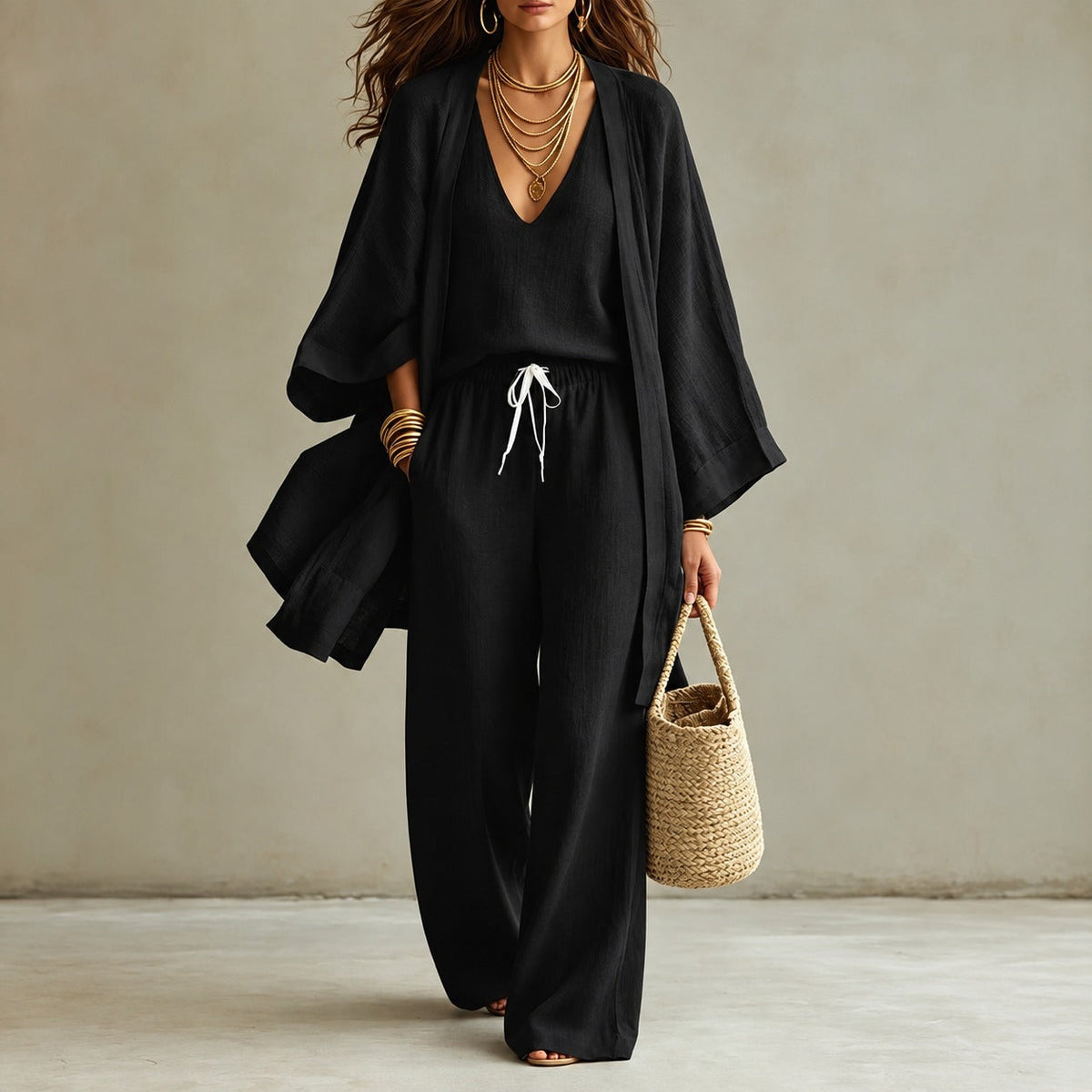 Cotton Linen Set with V-Neck Tank Top, Wide-Leg Pants and Long Kimono