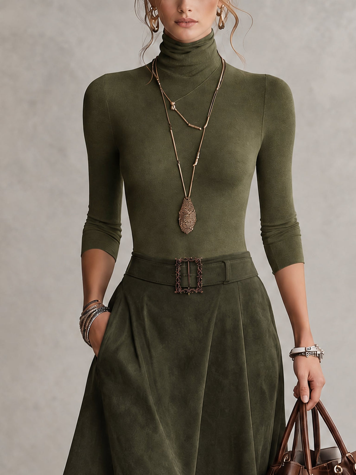 Stretch Turtleneck Top And Asymmetrical Faux Suede Skirt Set (with belt)