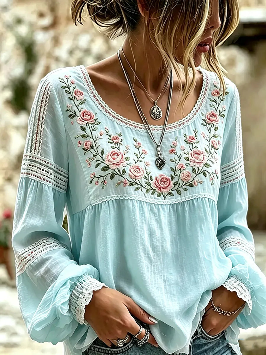 Boho Floral Embroidered Blouse