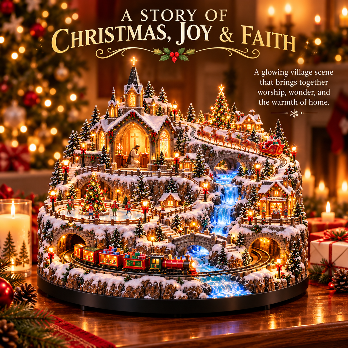 Lighted Animated Christmas Village with Train, Reindeer Sleigh & Waterfall